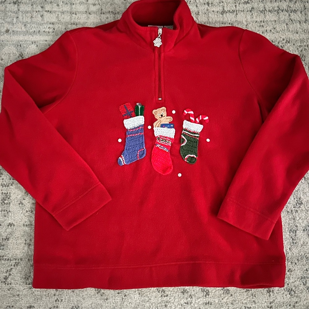 White Stag Red Zip Up Sweater with Stocking Design